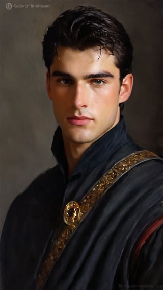 a young handsome prince wearing military royal outfit with armor, wearing a gold jeweled crown, ((sean o pry)), outdoors (dark age, war setting, kingdom village), medieval hero, blue regal style coat, (royal commander attire:0.4), royalty, victorian era, black hair, thick eyebrows, ethereal, manly, hairy, chest hair, youthful, stubble, 16 years old, envious, shiny, heroic, pale skin, defined jawline, crooked nose, hot, captain, lustful, masculine, mythology, medieval, fantasy, young, alpha male, handsome male, high fantasy, art by wlop, facing in front, portrait close-up, renaissance painting, masterpiece, caucasian, game of thrones,
8k, cinematic lighting, very dramatic, very artistic, soft aesthetic, innocent, art by john singer sargent, greg rutkowski, oil painting, Camera settings to capture such a vibrant and detailed image would likely include: Canon EOS 5D Mark IV, Lens: 85mm f/1.8, f/4.0, ISO 100, 1/500 sec