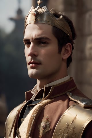 ((commander)) a young handsome prince wearing military royal outfit with armor, wearing a jeweled crown, ((sean o pry)), outdoors (dark age, war setting, kingdom village), medieval hero, regal style coat, (royal commander attire:0.4), royalty, victorean era, ethereal, manly, hairy, chest hair, youthful, stubble, 18 years old, envious, shiny, heroic, pale skin, defined jawline, crooked nose, hot, captain, lustful, masculine, mythology, medieval, fantasy, young, alpha male, handsome male, high fantasy, art by wlop, facing in front (portrait close-up), renaissance painting, masterpiece, realistic, photorealistic, 8k, cinematic lighting, very dramatic, very artistic, soft aesthetic, innocent, art by john singer sargent, greg rutkowski,Masterpiece