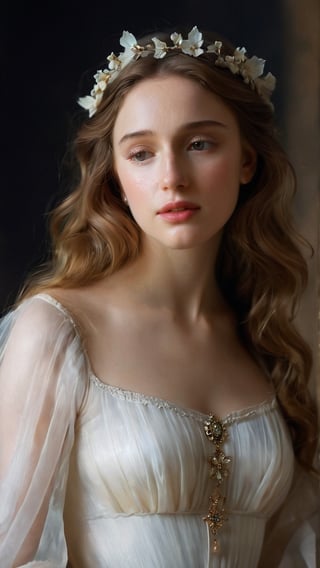 Ethereal Goddess of Beauty: long white wavy dress with nature and soft ornaments, fairly showing its beautiful skin. Pale skin, blushed cheeks, natural face, mythology, medieval, fantasy, young, pretty woman, high fantasy, art by wlop, facing in front (portrait close-up), renaissance painting, spectral woman with a (translucent appearance:1.3), Her form is barely tangible, with a soft glow emanating from her gentle contours, The surroundings subtly distort through her ethereal presence, casting a dreamlike ambiance

8k, cinematic lighting, very dramatic, very artistic, soft aesthetic, innocent, art by john singer sargent, greg rutkowski, oil painting, Camera settings to capture such a vibrant and detailed image would likely include: Canon EOS 5D Mark IV, Lens: 85mm f/1.8, f/4.0, ISO 100, 1/500 sec,hdsrmr,Movie Still,robert de niro,sad