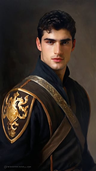 a young handsome prince wearing military royal outfit with armor, wearing a gold jeweled crown, ((sean o pry)), outdoors (dark age, war setting, kingdom village), medieval hero, blue regal style coat, (royal commander attire:0.4), royalty, victorian era, black hair, thick eyebrows, ethereal, manly, hairy, chest hair, youthful, stubble, 16 years old, envious, shiny, heroic, pale skin, defined jawline, crooked nose, hot, captain, lustful, masculine, mythology, medieval, fantasy, young, alpha male, handsome male, high fantasy, art by wlop, facing in front, portrait close-up, renaissance painting, masterpiece, caucasian, game of thrones,
8k, cinematic lighting, very dramatic, very artistic, soft aesthetic, innocent, art by john singer sargent, greg rutkowski, oil painting, Camera settings to capture such a vibrant and detailed image would likely include: Canon EOS 5D Mark IV, Lens: 85mm f/1.8, f/4.0, ISO 100, 1/500 sec