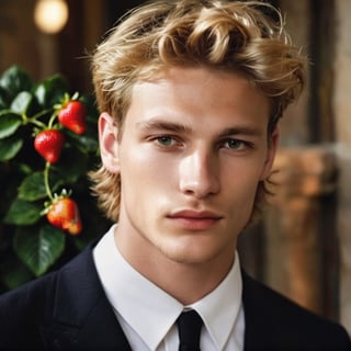 GQ, handsome italian teen man in a party, 2000s, thick eyebrows, defined jawline, crooked nose, mature, 19 years old, slender, punk, stubble, scruffy face, hot, strawberry blonde hair, youthful, boy band, Masterpiece, male model, photography, european, fashion editorial, menswear, Portrait, seductive pose, Mike Faist, Gabriel Aubry, Matheo Renoir, calvin klein, chuck greene, men's magazine, fashion campaign, photography by Hugo Comte, 

8k, cinematic lighting, very dramatic, very artistic, soft aesthetic, innocent, realistic, masterpiece, Camera settings to capture such a vibrant and detailed image would likely include Canon EOS 5D Mark IV, Lens 85mm f/1.8, f/4.0, ISO 100, 1/500 sec,hdsrmr, cinema verite, film still, ((perfect anatomy): 1.5), best resolution, maximum quality, UHD, life with detail, analog, cinematic moviemaker style