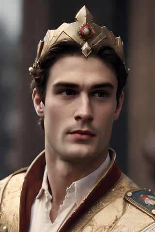 a young handsome prince wearing military royal outfit with armor, wearing a jeweled crown, ((sean o pry)), outdoors (dark age, war setting, kingdom village), medieval hero, regal style coat, (royal commander attire:0.4), royalty, victorean era, ethereal, manly, hairy, chest hair, youthful, stubble, 18 years old, envious, shiny, heroic, pale skin, defined jawline, crooked nose, hot, captain, lustful, masculine, mythology, medieval, fantasy, young, alpha male, handsome male, high fantasy, art by wlop, facing in front (portrait close-up), renaissance painting, masterpiece, realistic, photorealistic, 8k, cinematic lighting, very dramatic, very artistic, soft aesthetic, innocent, art by john singer sargent, greg rutkowski,Masterpiece