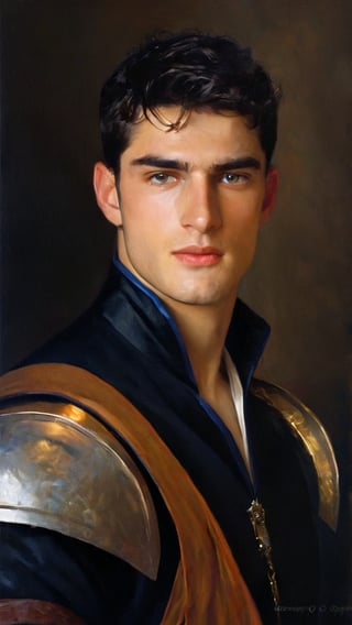 a young handsome prince wearing military royal outfit with armor, wearing a gold jeweled crown, ((sean o pry)), outdoors (dark age, war setting, kingdom village), medieval hero, blue regal style coat, (royal commander attire:0.4), royalty, victorian era, black hair, thick eyebrows, ethereal, manly, hairy, chest hair, youthful, stubble, 16 years old, envious, shiny, heroic, pale skin, defined jawline, crooked nose, hot, captain, lustful, masculine, mythology, medieval, fantasy, young, alpha male, handsome male, high fantasy, art by wlop, facing in front, portrait close-up, renaissance painting, masterpiece, caucasian, game of thrones,
8k, cinematic lighting, very dramatic, very artistic, soft aesthetic, innocent, art by john singer sargent, greg rutkowski, oil painting, Camera settings to capture such a vibrant and detailed image would likely include: Canon EOS 5D Mark IV, Lens: 85mm f/1.8, f/4.0, ISO 100, 1/500 sec