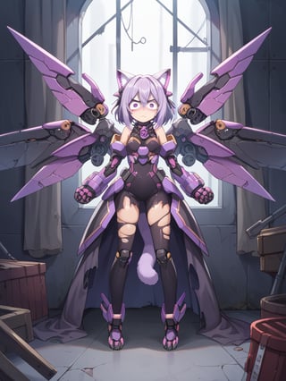 mecha musume,solo,(constricted pupils:1.2),(purple eyes:1.2),annoyed,metal wings,Paw tail,bound calves,A haunted, abandoned theater with torn curtains, broken seats, and the faint sound of an unseen audience,, score_9, score_8_up, score_7_up,