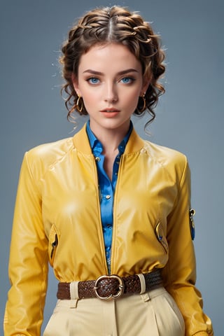 Generate hyper realistic image of a woman with short,  brown curly hair, her piercing blue eyes locked onto the viewer with intensity. She stands confidently, wearing a stylish yellow jacket with long sleeves, complemented by a braided belt and matching pants. Adorned with subtle makeup and nail polish, she exudes an air of sophistication, with hoop earrings framing her face.