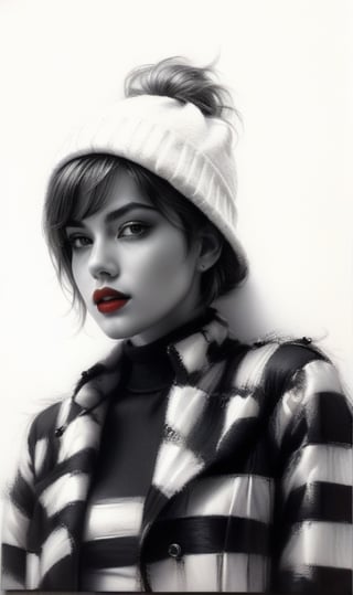 High quality 8k, pencil Sketch of a beautiful girl 25 years old with silver short hair, messy hair, red lipstic, black eyes, alluring, portrait by Charles Miano, pastel drawing, illustrative art, soft lighting, detailed, more Flowing rhythm, elegant, low contrast, add soft blur with thin line, yellow clothes.,DonMW15pXL,BugCraft