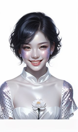  potrait of beautiful girl with beautiful smile holding a flower, higly detailed, trending on artstation, digital art, by stanley artgerm lau, wlop, rossdraws, james jean, andrei riabovitchev, marc simonetti, yoshitaka amano,glitter,shiny