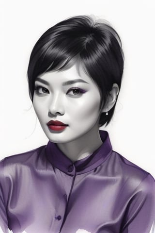 pencil Sketch of a beautiful asian woman 30 years , elegant, top model short hair , bob cut hair, black hair, small eyes , alluring, portrait by Igor Kazarin, ink drawing, illustrative art, soft lighting, detailed, more Flowing rhythm, super elegant, low contrast, add soft blur with thin line, full red lips, purple eyes , little neus, purple blouse .,glitter