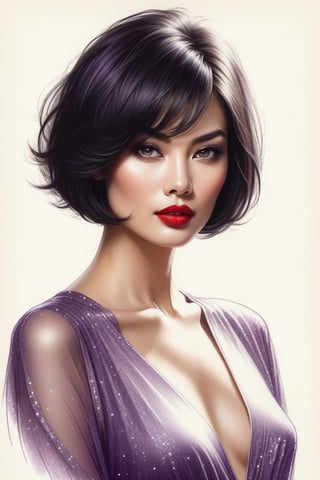 pencil Sketch of a beautiful asian woman 30 years , elegant, top model short hair , bob cut hair, black hair, small eyes , alluring, portrait by Igor Kazarin, ink drawing, illustrative art, soft lighting, detailed, more Flowing rhythm, super elegant, low contrast, add soft blur with thin line, full red lips, purple eyes , little neus, purple blouse .,glitter