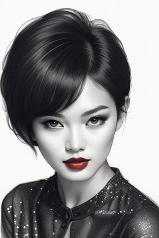 pencil Sketch of a beautiful asian woman 20 years old, elegant, top model short hair , bob cut hair, black hair, small eyes , alluring, portrait by Igor Kazarin, ink drawing, illustrative art, soft lighting, detailed, more Flowing rhythm, super elegant, low contrast, add soft blur with thin line, full red lips, braun eyes , little neus, purple blouse .,glitter