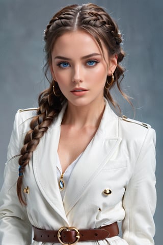 Generate hyper realistic image of a woman with long, flowing brown hair cascading over her shoulders, her piercing blue eyes locked onto the viewer with intensity. She stands confidently, wearing a stylish white jacket with long sleeves, complemented by a braided belt and matching pants. Adorned with subtle makeup and nail polish, she exudes an air of sophistication, with hoop earrings framing her face.