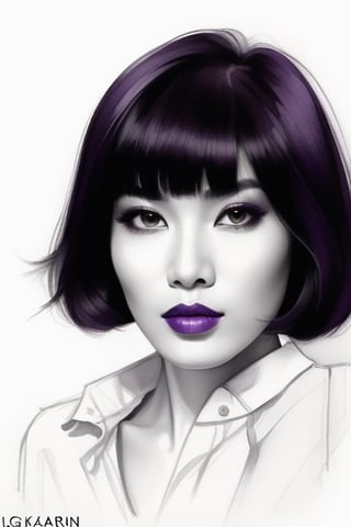 pencil Sketch of a beautiful asian woman 30 years , elegant, top model short hair , bob cut hair, black hair, small eyes , alluring, portrait by Igor Kazarin, ink drawing, illustrative art, soft lighting, detailed, more Flowing rhythm, super elegant, low contrast, add soft blur with thin line, full red lips, purple eyes , little neus, purple blouse .,glitter