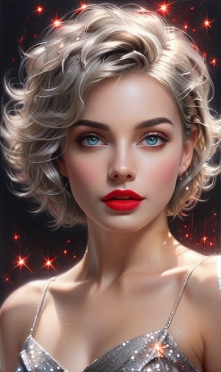 High quality 8k, pencil Sketch of a beautiful girl 25 years old with silver short hair, messy hair, red lipstic, black eyes, alluring, portrait by Charles Miano, pastel drawing, illustrative art, soft lighting, detailed, more Flowing rhythm, elegant, low contrast, add soft blur with thin line, yellow clothes.,DonMW15pXL,BugCraft,glitter