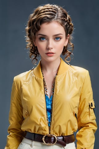 Generate hyper realistic image of a woman with short,  brown curly hair, her piercing blue eyes locked onto the viewer with intensity. She stands confidently, wearing a stylish yellow jacket with long sleeves, complemented by a braided belt and matching pants. Adorned with subtle makeup and nail polish, she exudes an air of sophistication, with hoop earrings framing her face.