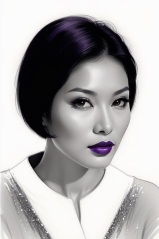 pencil Sketch of a beautiful asian woman 30 years , elegant, top model short hair , bob cut hair, black hair, small eyes , alluring, portrait by Igor Kazarin, ink drawing, illustrative art, soft lighting, detailed, more Flowing rhythm, super elegant, low contrast, add soft blur with thin line, full red lips, purple eyes , little neus, purple blouse .,glitter