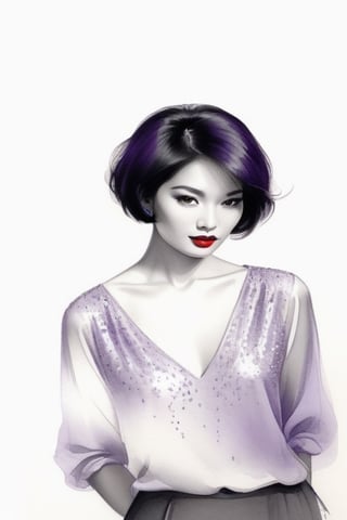 pencil Sketch of a beautiful asian woman 30 years , elegant, top model short hair , bob cut hair, black hair, small eyes , alluring, portrait by Igor Kazarin, ink drawing, illustrative art, soft lighting, detailed, more Flowing rhythm, super elegant, low contrast, add soft blur with thin line, full red lips, purple eyes , little neus, purple blouse .,glitter