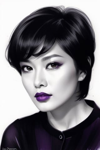 pencil Sketch of a beautiful asian woman 30 years , elegant, top model short hair , bob cut hair, black hair, small eyes , alluring, portrait by Igor Kazarin, ink drawing, illustrative art, soft lighting, detailed, more Flowing rhythm, super elegant, low contrast, add soft blur with thin line, full red lips, purple eyes , little neus, purple blouse .,glitter