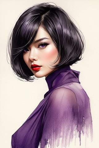 pencil Sketch of a beautiful  asian woman 30 years , elegant,  top model
short  hair ,  bob cut hair, black hair, small eyes ,  alluring, portrait by Igor Kazarin, ink drawing, illustrative art, soft lighting, detailed, more Flowing rhythm, super elegant, low contrast, add soft blur with thin line, full  red lips, purple eyes ,  little neus,   purple blouse  .