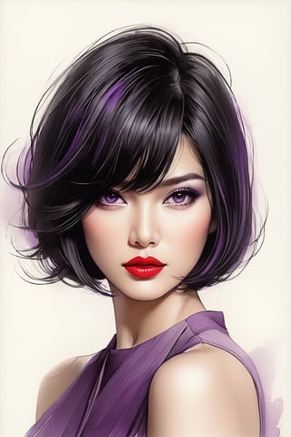 pencil Sketch of a beautiful  asian woman 30 years , elegant,  top model
short  hair ,  bob cut hair, black hair, small eyes ,  alluring, portrait by Igor Kazarin, ink drawing, illustrative art, soft lighting, detailed, more Flowing rhythm, super elegant, low contrast, add soft blur with thin line, full  red lips, purple eyes ,  little neus,   purple blouse  .