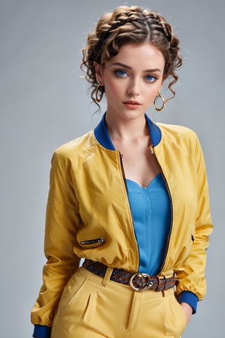 Generate hyper realistic image of a woman with short,  brown curly hair, her piercing blue eyes locked onto the viewer with intensity. She stands confidently, wearing a stylish yellow jacket with long sleeves, complemented by a braided belt and matching pants. Adorned with subtle makeup and nail polish, she exudes an air of sophistication, with hoop earrings framing her face.