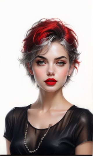 High quality 8k, pencil Sketch of a beautiful girl 25 years old with silver short hair, messy hair, red lipstic, black eyes, alluring, portrait by Charles Miano, pastel drawing, illustrative art, soft lighting, detailed, more Flowing rhythm, elegant, low contrast, add soft blur with thin line, yellow clothes.,DonMW15pXL,BugCraft