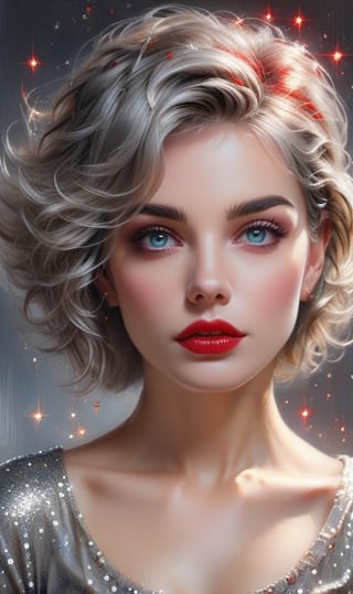 High quality 8k, pencil Sketch of a beautiful girl 25 years old with silver short hair, messy hair, red lipstic, black eyes, alluring, portrait by Charles Miano, pastel drawing, illustrative art, soft lighting, detailed, more Flowing rhythm, elegant, low contrast, add soft blur with thin line, yellow clothes.,DonMW15pXL,BugCraft,glitter