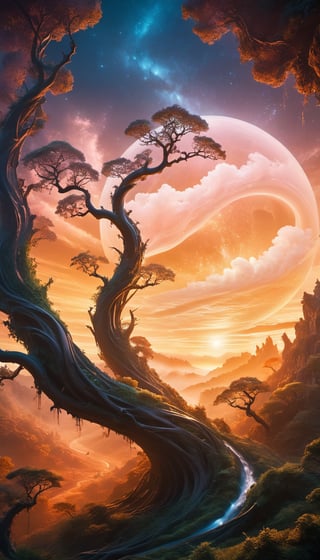 A surreal sunset casts an otherworldly glow on a dreamlike landscape, where twisted tree trunks stretch towards the sky like nature's own peculiar sculptures. A misty veil rises from the valley floor, shrouding ancient ruins in mystery. The air is heavy with the scent of blooming flora, (Detailed Textures, high quality, high resolution, high Accuracy, realism, color correction, Proper lighting settings, harmonious composition, Behance works)