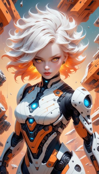 (transparent leggings, anti gravity, midriff, perfect body, scifi mech background boarding, head piece, cute albino young woman with her beast, medium wavy haircut, casual custom, vibrant skin, extremely delicate, insanely detailed, hd, vibrant tones, approaching perfection, perfect anatomy, realistic eyes, portrait, semi-realistic, fine line, painting art, painted, black and orange color gradience skin, upper body, artwork masterpiece, sketch, fine line art, vibrant color, magical rough rough shading, vivid color, filigree), Detailed Textures, high quality, high resolution, high Accuracy, realism, color correction, Proper lighting settings, harmonious composition, Behance works,Leonardo Style,pturbo,A girl dancing ,sad