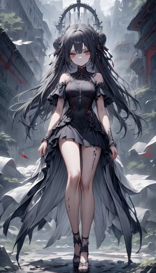 (A striking image reminiscent of Gothic aesthetics, a figure standing in a desolate landscape, this 2B android from the YoRHa series has been ravaged by time and decay, exuding an aura of somber elegance. A very beautiful face with a melancholic expression, every pixel depicting intricate details. Her hair cascades over her pale, porcelain skin, contrasting vividly with her blood-red eyes, filled with equal parts sadness and determination. A work of digital art, the perfect balance between eerie charm and ethereal beauty, feast your eyes on the melancholy existence of a stoic android in this haunting and exquisite depiction), Detailed Textures, high quality, high resolution, high Accuracy, realism, color correction, Proper lighting settings, harmonious composition, Behance works,large-eyed 