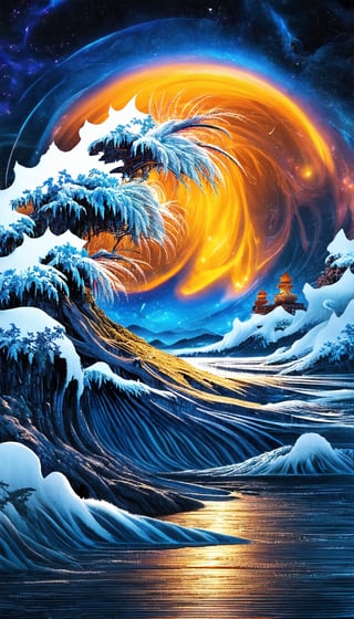 (Esoteric landscape of Hokusai and Anne Bachelier, Elpis, chemiluminescence, Art Nouveau, bright colors, kaleidoscope and prismatic effects, optical illusions 3D art), Detailed texture, High quality, High resolution, High precision, Realism, Color correction, Proper lighting settings, Harmonious composition, Behance Works,FuturEvoLabStyle