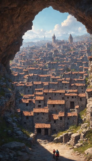 (Concept art depicting a city composed entirely of folded stone warehouse structures, meticulously sculpted from stone, with carvings on the cave-like walls, all details achieved with an astonishing level of stone craftsmanship, employing a triadic color scheme that showcases contrasting shades, a maximalist approach with a mandelbulb theme, textures that reveal depth and detail, color correction enhancing visual harmony, ambient lighting creating a balanced composition), Detailed texture, High quality, High resolution, High precision, Realism, Color correction, Proper lighting settings, Harmonious composition, Behance Works