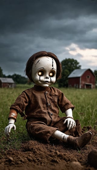 (A sinister doll with one arm dangling from its socket sits in a field before a farmhouse. Its eyes glow ominously, while streaks of black mascara trail from its eyes. The scene is rich with detail: rust, grass, dust, and mud, all under a vast sky softly lit), Detailed texture, High quality, High resolution, High precision, Realism, Color correction, Proper lighting settings, Harmonious composition, Behance Works