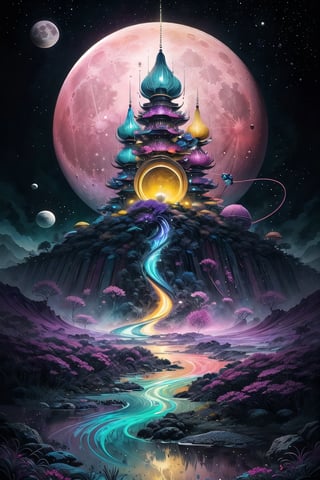 (In a mesmerizingly psychedelic scene, a whimsical moon module gleams with vibrant colors and intricate patterns, as if plucked straight from a kooky dream. This image, presented in a beautifully crafted gouache painting, showcases a fantastical spacecraft, reminiscent of a retro sci-fi era. Every brushstroke exudes an otherworldly allure, with swirling hues of neon pinks, electric blues, and mesmerizing purples. The fine details and meticulous shading bring an astonishing level of realism, capturing the eye and immersing viewers in a surreal lunar journey. With its exceptional quality and imaginative design, this captivating painting transports you to a wondrous realm beyond the boundaries of reality), Detailed Textures, high quality, high resolution, high Accuracy, realism, color correction, Proper lighting settings, harmonious composition, Behance works