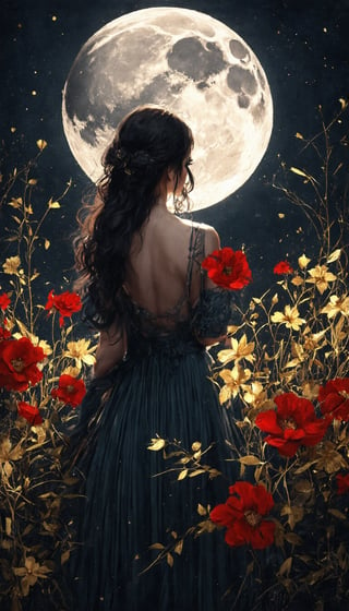 (1girl, Golden petals and red flowers form intricate patterns against the backdrop of the moon, reminiscent of the styles of Yoann Lossel, Cyril Rolando, Nan Goldin, Lee Bontecou, and Loish), Detailed texture, High quality, High resolution, High precision, Realism, Color correction, Proper lighting settings, Harmonious composition, Behance Works,detail-rendering,Watercolor