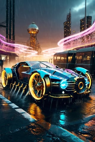 (Cyber steampunk car. aurora headlights. A thin neon line on the car body. The city at dusk. A world-famous design image that defies the laws of physics. Advanced artificial intelligence systems that blur the line between human consciousness and cybernetics. Travel to the end of time and the thermal death of the universe and the collapse of all matter and energy. 3D rendering, cybernetic realism, surreal photography with an isometric center on the cover, and an amazing full-color dark urban atmosphere drenched in rain.), Detailed Textures, high quality, high resolution, high Accuracy, realism, color correction, Proper lighting settings, harmonious composition, Behance works,c_car,science fiction,Concept Cars,DonMSt34mPXL