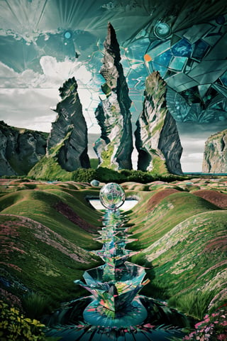 (Strange landscape, Edvard Munch & Salvador Dalí style, sharp contrasts, greenery and water, kaleidoscope light), (photorealistic:1.4), Detailed Textures, high quality, high resolution, high Accuracy, realism, color correction, Proper lighting settings, harmonious composition, Behance works, ,Raw Photo,no_humans