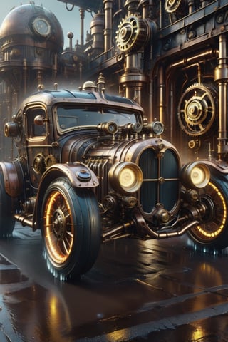 (Steampunk, 3/4 front view of a hotrod zeekars with fluorescent rims, futuristic street close-up, wet road, extreme details, muted colors, gritty, rusty, oil paint, heavy strokes, dripping paint), Detailed Textures, high quality, high resolution, high Accuracy, realism, color correction, Proper lighting settings, harmonious composition, Behance works,Renaissance Sci-Fi Fantasy,DonMSt34mPXL,AbmSTPD