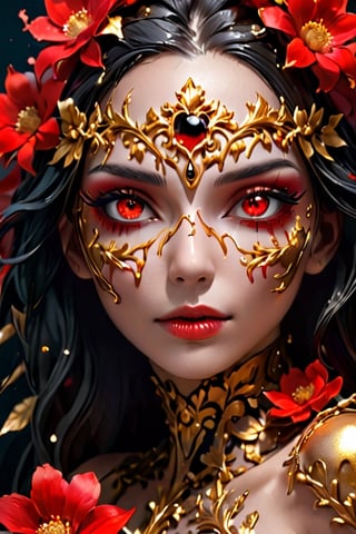 (Close-up shot of an amazingly beautiful woman, gold and black, bright red covering her eyes, flowers made of icing melting over her eyes, amazing fantasy style), Detailed Textures, high quality, high resolution, high Accuracy, realism, color correction, Proper lighting settings, harmonious composition, Behance works