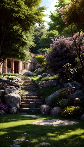 (landscape by Shirow Masamune & Salvador Dalí, Envision a hidden garden nestled within an olden city, brimming with uncommon and unique flora, vibrant blossoms, and gentle rays of sunlight piercing through the foliage. The anime-style depiction will highlight the concealed splendor and the verdant surroundings), Detailed Textures, high quality, high resolution, high Accuracy, realism, color correction, Proper lighting settings, harmonious composition, Behance work