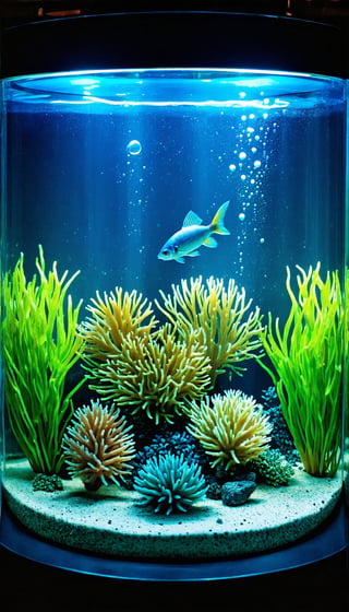 (Imagine a fish aquarium painted on a wall with a modern texture, featuring miniature corals and a small palace, complemented by an air bubbler creating tiny bubbles. This scene is further enhanced with delicate plants and a variety of small, colorful fish, all centered around a prominent coral palace), Detailed Textures, high quality, high resolution, high Accuracy, realism, color correction, Proper lighting settings, harmonious composition, Behance works,majien