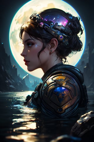 (Double exposure. profile portrait of a beautiful woman. a colorful alien planet with huge moons reflected in the water in the valley head and shoulders portrait, 8k resolution concept art portrait by Greg Rutkowski, Artgerm, WLOP, Alphonse Mucha dynamic lighting hyperdetailed intricately detailed Splash art trending on Artstation triadic colors Unreal Engine 5 volumetric lighting), detailed textures, high quality, high resolution, high Accuracy, realism, color correction, Proper lighting settings, harmonious composition, Behance works