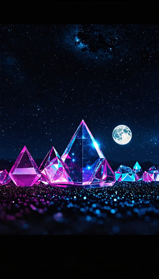 (A landscape resembling a jewel, featuring a large glass prism under the night sky with the moon's presence, where the prism shapes into numerous geometric polyforms representing the universe and galaxy, all rendered in brilliant HD 3D quality with hues of purple, pink, and blue), Detailed Textures, high quality, high resolution, high Accuracy, realism, color correction, Proper lighting settings, harmonious composition, Behance works,majien