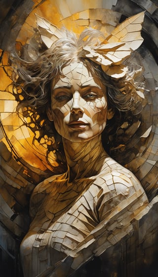 (A dynamic, ethereal portrait of a labyrinthine female creature, bathed in sunlight, with an architectural quality and heavily textured using thick, dry mediums, inspired by the works of Ursula von Rydingsvard, Marc Chagall, Dragan Bibin, Russ Mills, and Hedi Xandt.), detailed textures, High quality, high resolution, high precision, realism, color correction, proper lighting settings, harmonious composition, Behance works