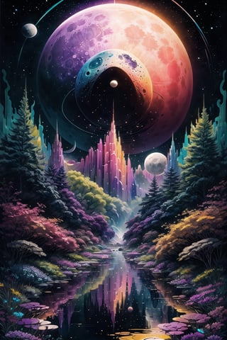 (In a mesmerizingly psychedelic scene, a whimsical moon module gleams with vibrant colors and intricate patterns, as if plucked straight from a kooky dream. This image, presented in a beautifully crafted gouache painting, showcases a fantastical spacecraft, reminiscent of a retro sci-fi era. Every brushstroke exudes an otherworldly allure, with swirling hues of neon pinks, electric blues, and mesmerizing purples. The fine details and meticulous shading bring an astonishing level of realism, capturing the eye and immersing viewers in a surreal lunar journey. With its exceptional quality and imaginative design, this captivating painting transports you to a wondrous realm beyond the boundaries of reality), Detailed Textures, high quality, high resolution, high Accuracy, realism, color correction, Proper lighting settings, harmonious composition, Behance works