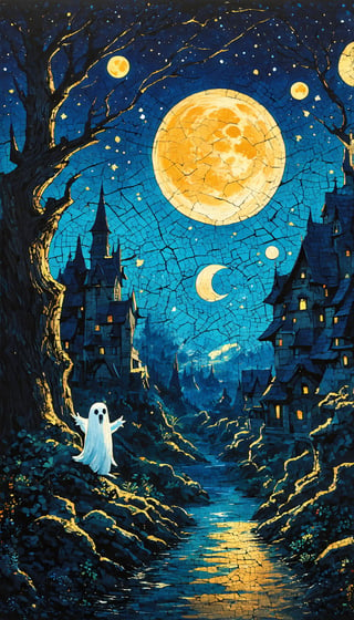 (Fantastic lost land of dreams, magic and fantasy, ink and acrylic double exposure, mythical beings, best quality cute ghost close-up, night and moon, fog and gloomy atmosphere, Van Gogh and Crayola, Dan Mumford, Andy Kehoe, Hayao Miyazaki influenced patchwork, flat, cute and adorable vintage style, art on cracked paper, storybook detailed illustration, cinematic, extremely detailed high details, beautiful details, mystical, luminism influenced vibrant colors, intricate background), Detailed texture, High quality, High resolution, High precision, Realism, Color correction, Proper lighting settings, Harmonious composition, Behance Works