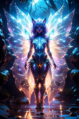 (KAWAII, a holographic cat-like creature with sparkling fine scales, a fantasy creature, a cute creature with fluorescent wings), detailed texture, high quality, high resolution, high resolution, accuracy, realism, color correction, proper lighting settings, low noise, sharp edges, harmonious composition,cat