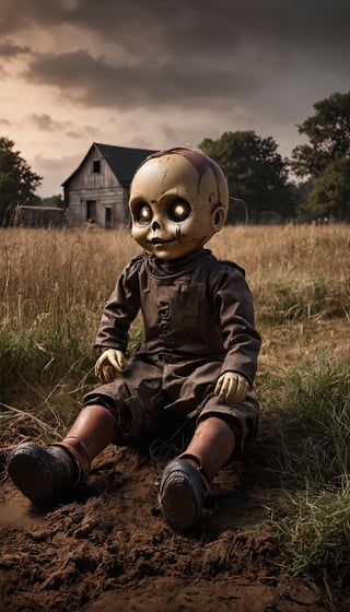 (A sinister doll with one arm dangling from its socket sits in a field before a farmhouse. Its eyes glow ominously, while streaks of black mascara trail from its eyes. The scene is rich with detail: rust, grass, dust, and mud, all under a vast sky softly lit), Detailed texture, High quality, High resolution, High precision, Realism, Color correction, Proper lighting settings, Harmonious composition, Behance Works,FuturEvoLabStyle