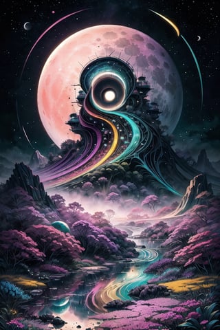 (In a mesmerizingly psychedelic scene, a whimsical moon module gleams with vibrant colors and intricate patterns, as if plucked straight from a kooky dream. This image, presented in a beautifully crafted gouache painting, showcases a fantastical spacecraft, reminiscent of a retro sci-fi era. Every brushstroke exudes an otherworldly allure, with swirling hues of neon pinks, electric blues, and mesmerizing purples. The fine details and meticulous shading bring an astonishing level of realism, capturing the eye and immersing viewers in a surreal lunar journey. With its exceptional quality and imaginative design, this captivating painting transports you to a wondrous realm beyond the boundaries of reality), Detailed Textures, high quality, high resolution, high Accuracy, realism, color correction, Proper lighting settings, harmonious composition, Behance works