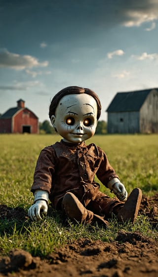 (A sinister doll with one arm dangling from its socket sits in a field before a farmhouse. Its eyes glow ominously, while streaks of black mascara trail from its eyes. The scene is rich with detail: rust, grass, dust, and mud, all under a vast sky softly lit), Detailed texture, High quality, High resolution, High precision, Realism, Color correction, Proper lighting settings, Harmonious composition, Behance Works