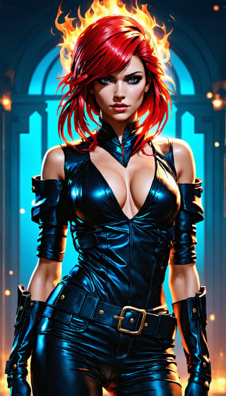 (Envision a stunning post-apocalyptic cyberpunk woman with a fiery red Iroquois hairstyle, clad in a black leather and metal outfit with a deep V-neck off the shoulder, her form entirely a biomechanical marvel. She embodies retro-futurism, presented in a half-body view, exuding femininity with a finely sculpted, detailed, and immaculate face, set against the backdrop of a grand modern cyberpunk palace, reminiscent of Luis Royo's style), Detailed Textures, high quality, high resolution, high Accuracy, realism, color correction, Proper lighting settings, harmonious composition, Behance works,majien